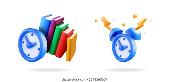 3d alarm clock and colorful books on white background. Time management and education concept for banner or ad.