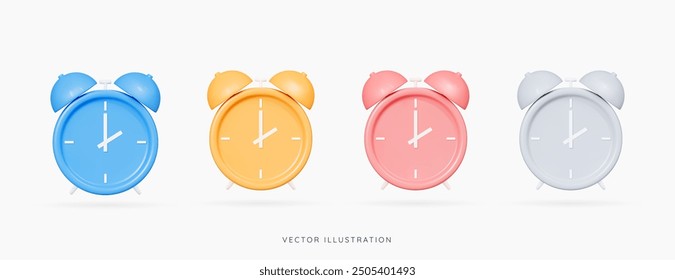 3D Alarm clock emoji icon set. Table clock in blue, yellow, pink and silver colours. Wake up time. School and office supplies. Reminder concept. Cartoon design elements. 3D Vector illustration