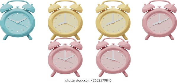 Conjunto de ícones emojis do despertador 3D. Relógio de mesa nas cores azul, amarelo, rosa e prata. Hora de despertar