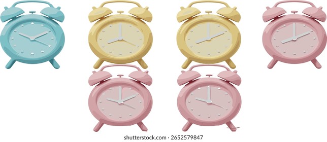 Conjunto de ícones emojis do despertador 3D. Relógio de mesa nas cores azul, amarelo, rosa e prata. Hora de despertar