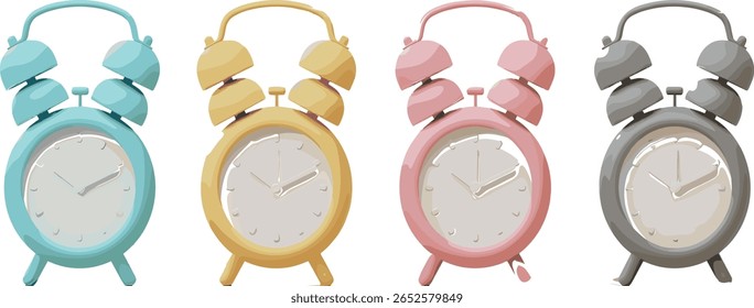 Conjunto de ícones emojis do despertador 3D. Relógio de mesa nas cores azul, amarelo, rosa e prata. Hora de despertar