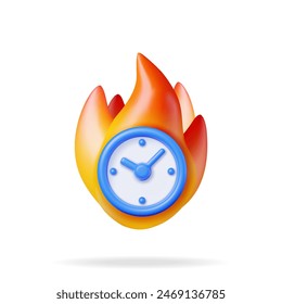 3D alarm clock in fire isolated on white. Render burning clock symbol. Decision, deadline coming, hurry up. Fast time stop watch, limited offer. Time management, planning business. Vector illustration