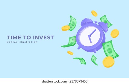 3d alarm clock, gold coins and dollar banknotes in flight. realistic vector illustration. the concept of money management, payment for purchases, loans.