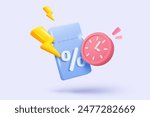 3d alarm clock icon alerting with promotion tags for money discount concept. Reminder promo for shopping online in pastel background. 3d promo tage with clock alerting icon vector render illustration