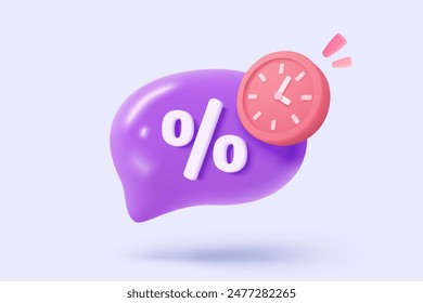 Icono de reloj despertador 3d con etiquetas de promoción para el concepto de descuento de dinero. Recordatorio de promoción para comprar en línea en fondo pastel. 3d promo tage con reloj alerting icon Vector render ilustración