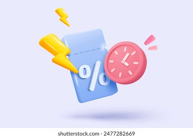 3d alarm clock icon alerting with promotion tags for money discount concept. Reminder promo for shopping online in pastel background. 3d promo tage with clock alerting icon vector render illustration