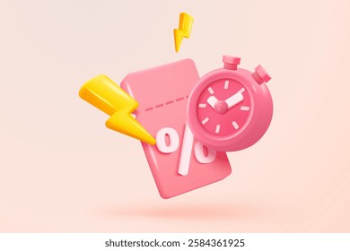 3d alarm clock icon alerting with promotion tags for money discount concept. Reminder promo for shopping online in pastel background. 3d promo tage with clock alerting icon vector render illustration