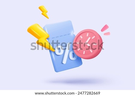 3d alarm clock icon alerting with promotion tags for money discount concept. Reminder promo for shopping online in pastel background. 3d promo tage with clock alerting icon vector render illustration