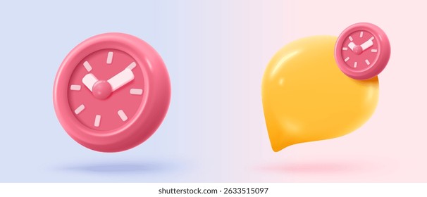 3D alarm clock icon with chat notice bubble. New urgency reminder concept for social media element speech. 3d hour announce icon for urgency time vector render illustration