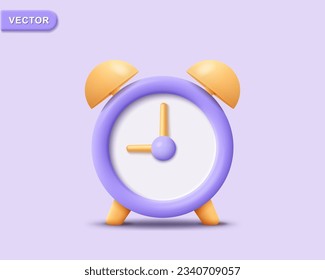 3d alarm clock icon with hands. Render purple watch for home and school. Concept of ringing, time and deadline. 3d realistic alarm clock vector illustration