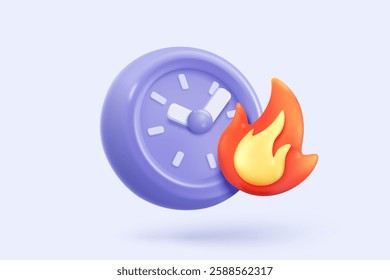 3D alarm clock icon signs with fire flame burning red hot colours. sparkle fire buttons simplicity for urgency notice reminder. 3d hour announce with exploding icon for time vector render illustration