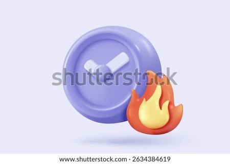 3D alarm clock icon signs with fire flame burning red hot colours. sparkle fire buttons simplicity for urgency notice reminder. 3d hour announce with exploding icon for time vector render illustration
