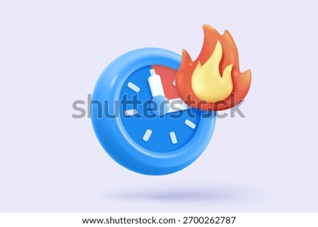 3D alarm clock icon signs with fire flame burning red hot colours. sparkle fire buttons simplicity for urgency notice reminder. 3d hour announce with exploding icon for time vector render illustration