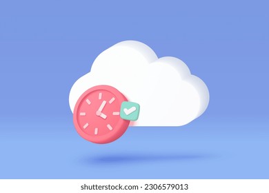 3d alarm clock icon for success cloud storage. Pink time watch minimal design concept of time, service and support around clock. 3d clock on cloud icon vector rendering illustration