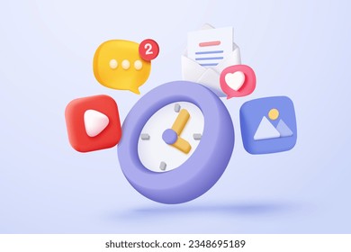 3d alarm clock icon for success delivery with media for management multimedia file document. Image and video document folder on digital file. 3d clock bubble icon vector render illustration