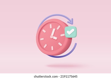 Icono de reloj de alarma 3d para el concepto de entrega de socorro. El diseño mínimo de Pink watch del tiempo, servicio y soporte durante las 24 horas. Ilustración vectorial de iconos de reloj de 3ª