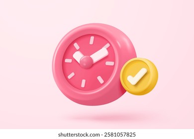 3d alarm clock icon for succress delivery concept. Pink watch minimal design concept of time, service and support around clock. 3d clock icon vector rendering illustration