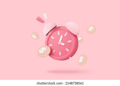 3d alarm clock with Investing money to grow in time concept. Business investments earnings and financial savings 3d, fast money, quick loan. 3d clock time illustration vector render in pink background