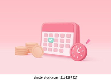 3d alarm clock with investing money to grow in time concept. Business investments earnings and financial savings, fast money, notification for quick loan. 3d calendar vector rendering illustration