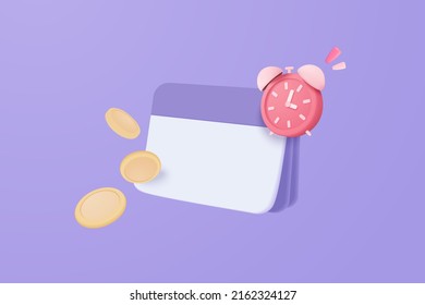 3d alarm clock with investing money to calendar concept. Business investments earnings and 3d financial savings, fast money, notification for quick loan. 3d calendar icon vector rendering illustration