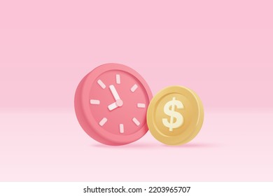 3d despertador con inversión de dinero para crecer en concepto de tiempo. Las inversiones empresariales generan ganancias y ahorros financieros, dinero rápido, préstamos rápidos. Icono de tiempo Ilustración vectorial ilustración en fondo rosa