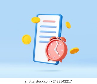 3d alarm clock with investing money to grow in mobile phone. Business earnings pay and financial savings. 3d rendering. Vector illustration