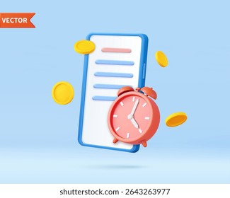 3d alarm clock with investing money to grow in mobile phone. Business earnings pay and financial savings. 3d rendering. Vector illustration