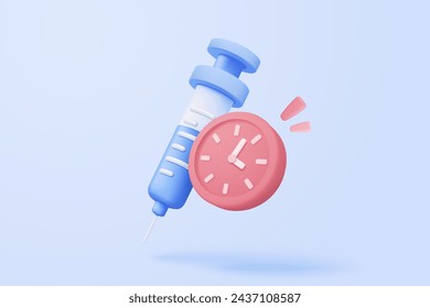 3d alarm clock with medical medication syringe and pharmacy drug icon. Vaccination medical equipment, healthcare medicine. medical pharmacy medicament. 3d medicine cure icon vector render illustration