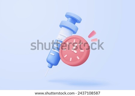 3d alarm clock with medical medication syringe and pharmacy drug icon. Vaccination medical equipment, healthcare medicine. medical pharmacy medicament. 3d medicine cure icon vector render illustration