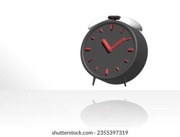 3d alarm clock on pastel white background. dark watch design concept of time. 3d clock vector rendering in isolated white background. 3d alarm for watch hour and minute