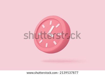 3d alarm clock on pastel pink background. Pink watch minimal design concept of time. 3d clock vector rendering in isolated pink background. 3d alarm for watch hour and minute