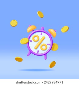 3D Alarm Clock with Percentage Sign and Coins Isolated. Render Clocks with Percent Symbol. Financial Investment or Return of Investment. Bank Deposit, Income. Discount, Flash Sale. Vector Illustration