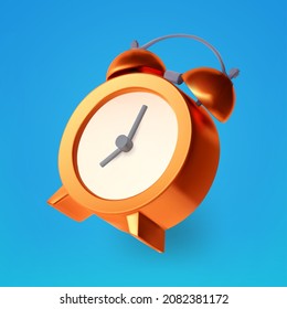 3D alarm clock. Realistic retro alarm ringing clock isolated on blue.