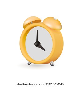 3D alarm clock. Realistic ringing clock isolated on yellow. Vector illustration