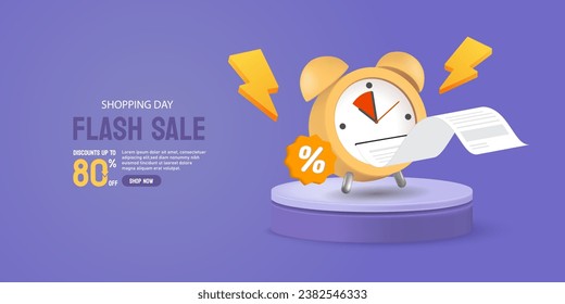 Reloj de alarma 3D con papel de recibos y podio, promociones venta flash banner de compras sobre fondo morado. Ilustración del vector