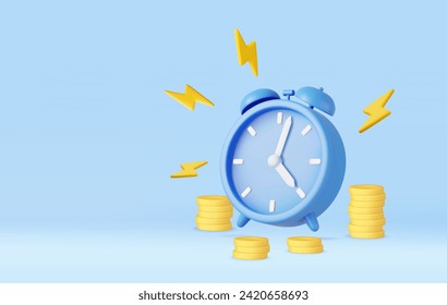 3d Alarm clock ringing and coins stack. Time to pay concept. Bundle of cash. Money-saving, cashless society concept. 3d render. Vector illustration