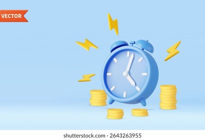 3d Alarm clock ringing and coins stack. Time to pay concept. Bundle of cash. Money-saving, cashless society concept. 3d render. Vector illustration