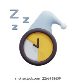 3d alarm clock sleeping icon vector. Isolated on white background. 3d night sleeping time, bedtime concept. Cartoon minimal style. 3d clock in sleeping hat icon vector render illustration.