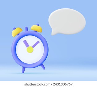 3D alarm clock and speech bubble notification with empty copy space. Alarm clock and chat box. Good morning with message. working lifestyle and activity. 3D Rendering. Vector illustration