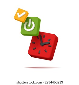 3d alarm clock, square shape with power button and check mark
