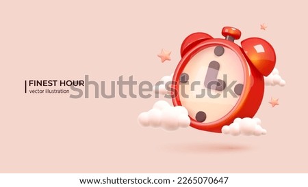 3D Alarmclock in Clouds and Stars around. Realistic 3d design of Time of Big Break Simbol in cartoon minimal style. Vector illustration