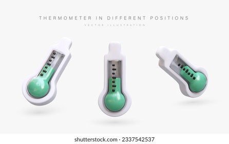 3D alcohol thermometer with green filler. Device for measuring air temperature inside and outside. Symbol of cold and heat. Set of icons for web design