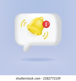 3D Alert Bell Icon Notification, social media icon isolated on white bubble speech.