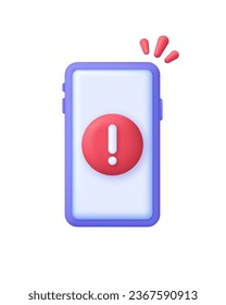 3D Alert message in phone illustration. Smartphone with exclamation sign. Mobile phone alert notification. Emergency call. Warning error message pop up from the screen. Trendy vector in 3d style.