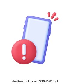 Mensaje de alerta 3D en la ilustración telefónica. Smartphone con signo de exclamación. Aviso de alerta de teléfono móvil. Llamada de emergencia. Aparecerá un mensaje de error de advertencia desde la pantalla. Vector de moda en estilo 3d.