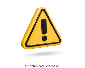 3d alert sign, attention mark, caution icon. Isolated vector yellow triangle with exclamation mark. Danger warning, emergency hazard notification symbol. Alert notice, warning reminder and attention