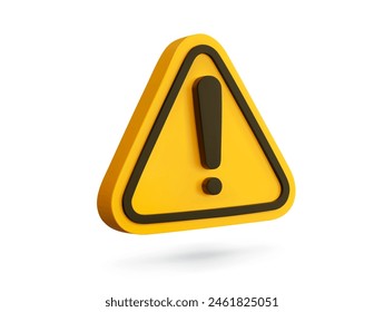 3d alert sign, caution icon, attention mark. Isolated vector yellow triangle with exclamation mark. Danger warning, reminder, emergency hazard notification symbol. 3d alert notice, warning message