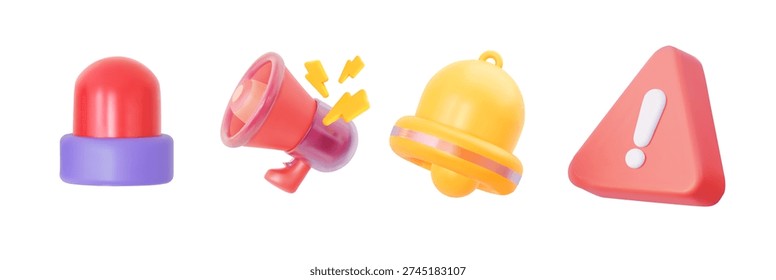 3D alert and SOS icon set vector with siren, megaphone, bell and warning sign. Emergency notification system illustration for security, danger and urgent message concept
