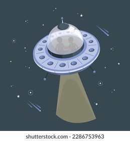 3d Alien Spaceship with Light Beam and Fog. UFO Vector Illustration. Light beam from flying UFO (alien spaceship). 3D rendered illustration. UFO. Unidentified flying object. Futuristic UFO