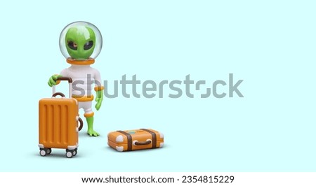 3D alien with suitcases. Green humanoid with luggage. Advertising of tourist business. Travel agency services. Non standard, unusual tours. Vector concept